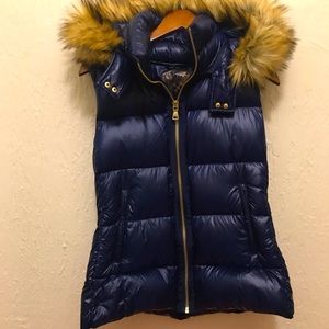 VINCE CAMUTO BLUE HOODED VEST DETACHABLE FUR HOOD COAT L MONCLER